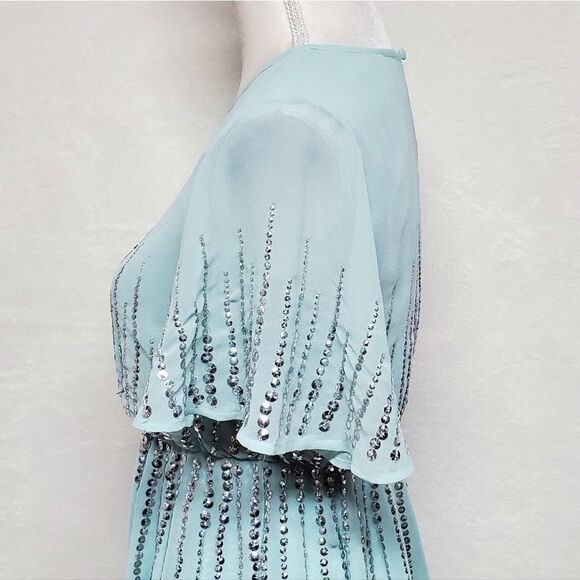 ASOS Sage Green Chiffon Sequin Flutter Sleeve Keyhole A-line Formal Dress 2 - Picture 10 of 16